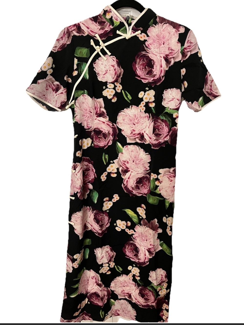 Floral Pink Rose Mandarin Dress - Classic Cheongsam Style